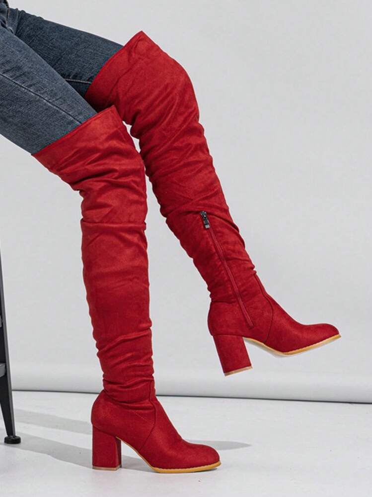 Ideal With Jacket,2024 New Women's Suede Thick High Heel Side Zipper Over-The-Knee Boots Sexy&Fashionable - Red - View 1