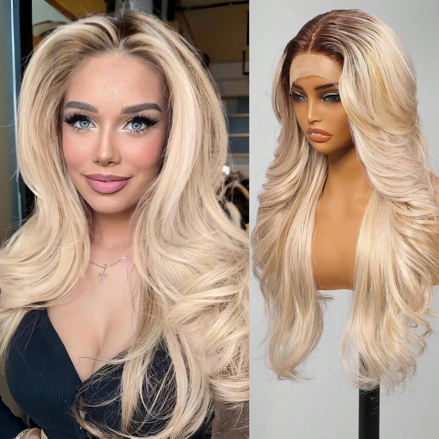 Ombre Blonde Synthetic Lace Front Wig,13x4 Glueless Wigs Body Wave Wig Put On Go Shaggy Wolf Haircuts Wigs For Women Pre-Plucked Hairline Wigs For Party Dality Use 26IN - 漸層金髮女郎 - 查看 1