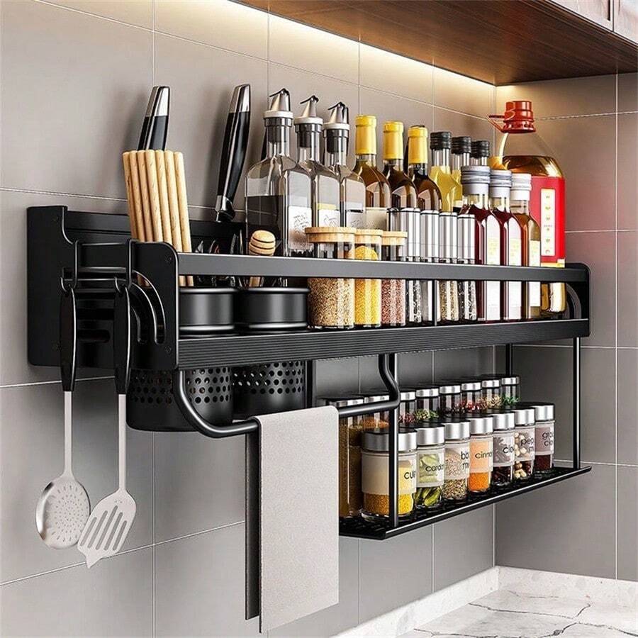 60cm 2 Layers Multipurpose Organizer Shelf Aluminum Modern Kitchen Spice And Utensil Holder - 黑色 - 查看 1