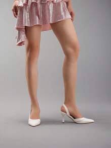 2025秋冬女装拼接高跟鞋，亮面皮革尖头后系带猫跟白色高跟凉鞋，优雅，女士高跟鞋，优雅，婚礼服饰 - 白色 - 查看 4