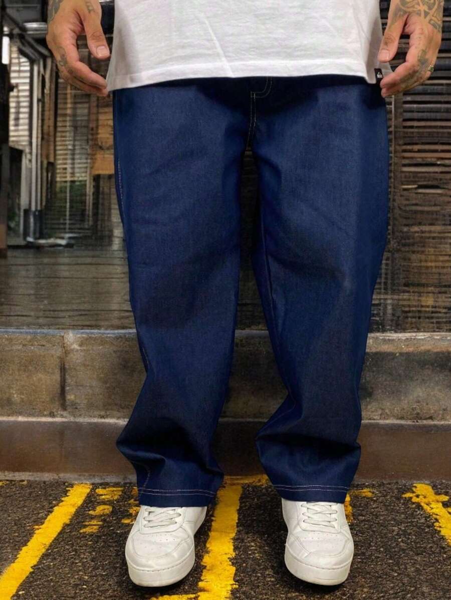 Men's Baggy Straight Jeans - Dark Wash - View 1