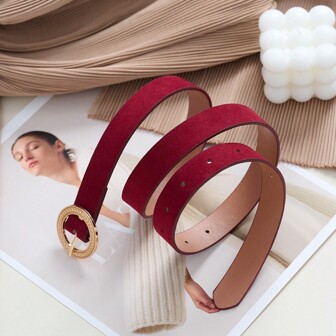 New Stylish & Elegant Red Round Metal Buckle Versatile Minimalist Geometric Pattern PU Leather Belt, Suitable For Autumn & Winter Casual