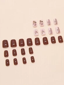 24片/套 短方形美甲贴纸，简约玫瑰色，可轻松卸除，适合学生、上班族、派对和日常佩戴，全覆盖假指甲，美甲贴纸套装包含1片凝胶和1把指甲锉，装饰你的指甲，提升你的时尚感，美甲贴纸 - 彩色 - 查看 3