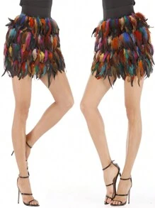 1 件女式羽毛裙，松紧腰羽毛迷你裙，适合圣诞节派对服装万圣节 - 彩色 - 查看 4