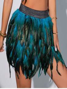 1 件女式羽毛裙，松紧腰羽毛迷你裙，适合圣诞节派对服装万圣节 - 彩色 - 查看 9