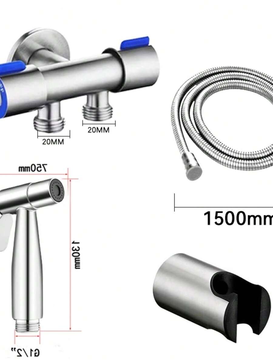 Hygienic Shower Kit With Double Tap Valve In 304 Stainless Steel Brushed Steel Bathroom Washbasin-BLACK - 銀色 - 查看 1