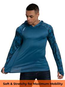 RIIIPO 春夏 RIIIIPO 男士 UPF 100+ 防晒衬衫，高性能钓鱼衬衫，主动排汗，速干，透气，四向拉伸，轻质，抗皱，加长袖，带帽户外运动防晒衣，可折叠防风绑腿，拇指孔，内置超细纤维镜头清洁剂，适用于海滩、划船、徒步旅行、狩猎、水上运动 - 水鴨藍 - 查看 9