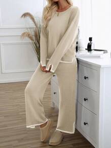 GAOVOT Women's Sweater Two Pieces Simple Loose Casual Color Contrast Round Neck Long Sleeve Sweater And Loose Wide Leg Straight Pant Suit - Camel - View 6