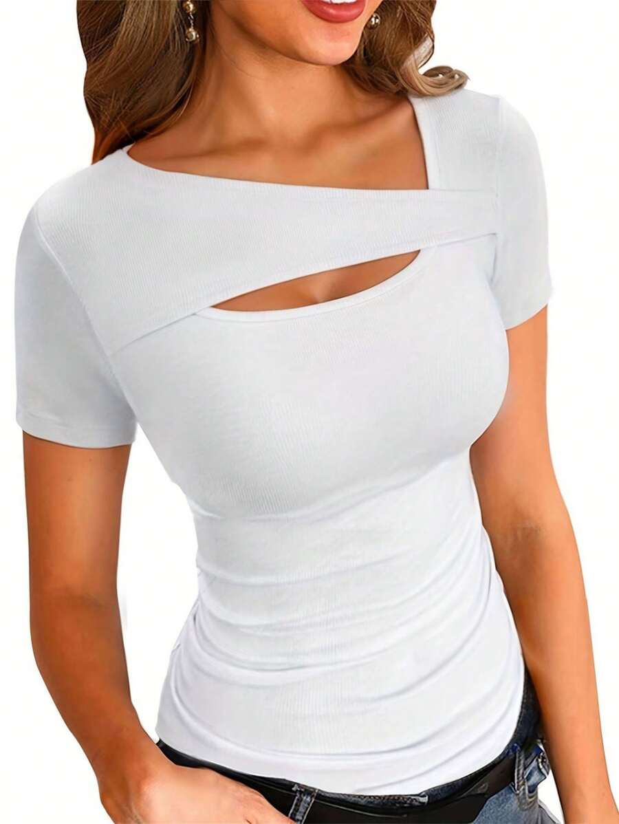OUTBALL Womens Summer Short Sleeve T Shirts Knit Slim Fit One Piece Cutout Scoop Neck Going Out Date Night Tops - trắng - Xem 1
