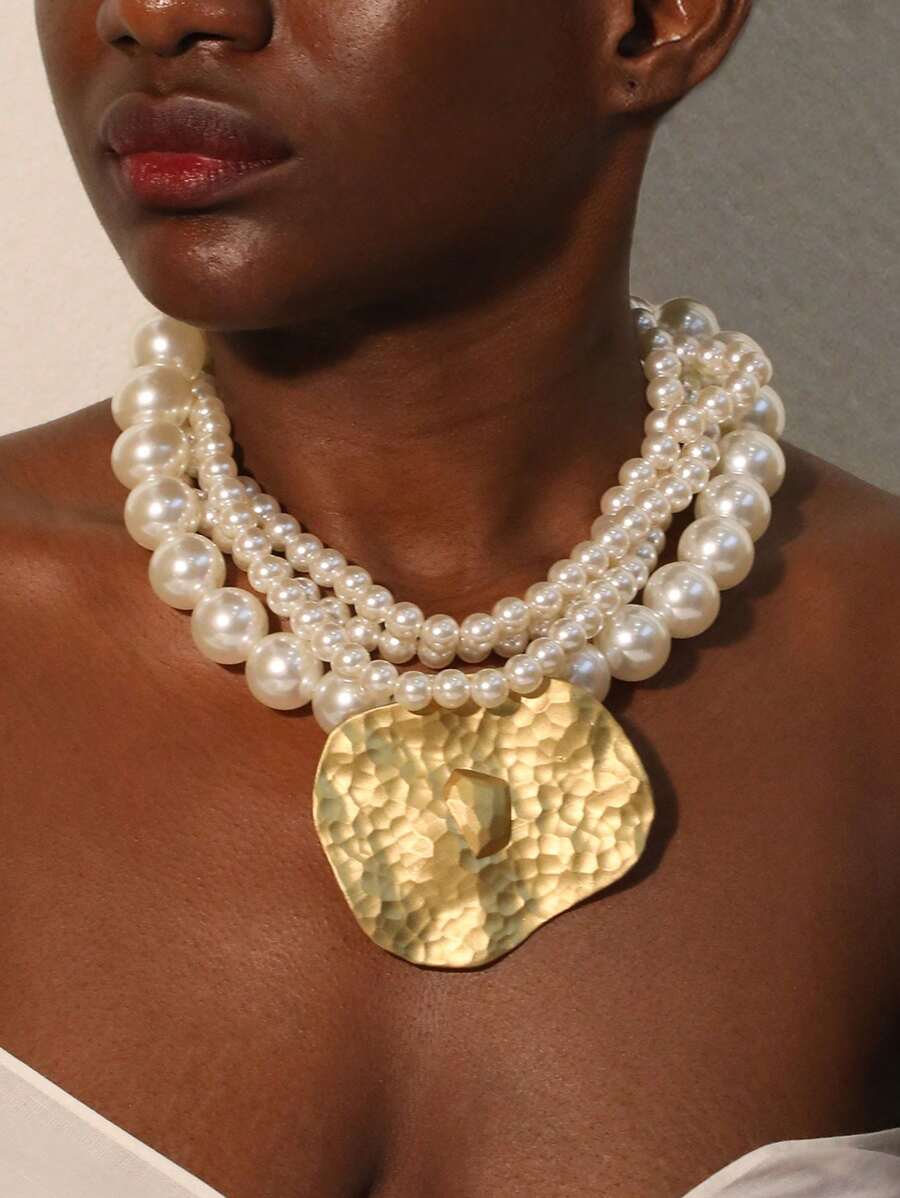 1 pieza Collar con cuentas de perlas falsas con capas, adecuado para eventos formales de mujer y regalos