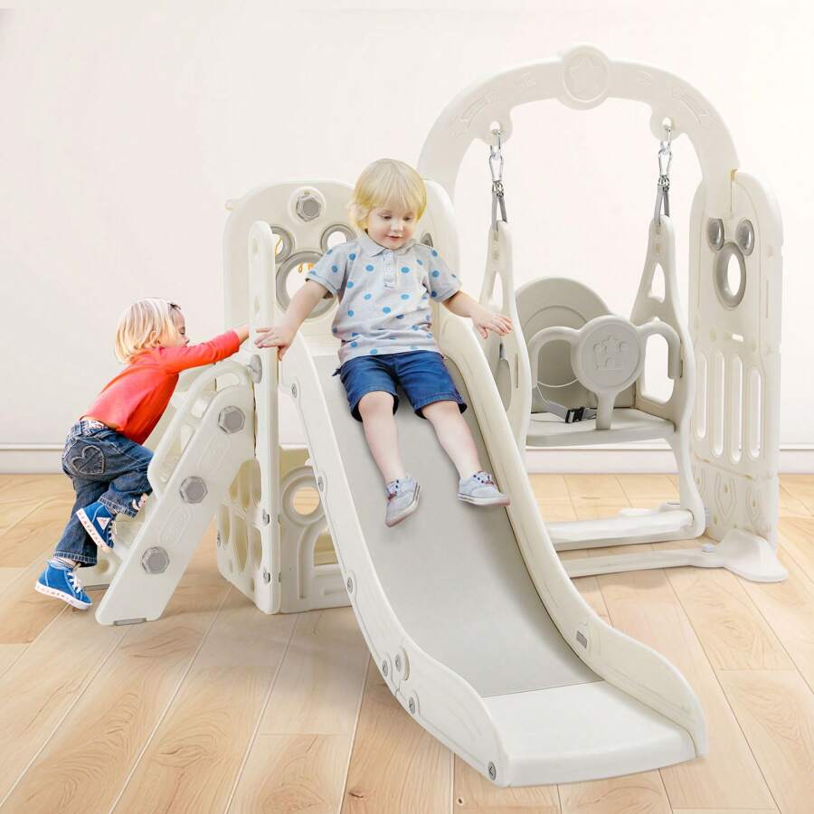 MAMIZO Kids Slide And Swing Set, Large Toddler Slide Climber Playset With Ball & Basketball Hoop, Storage Space, Anti-Slip Steps, Indoor Outdoor Playground Toy For Boys & Girls - Beige - View 1