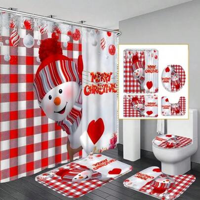 4pcs Christmas Cute Snowman Shower Curtain Gift Modern Home Bathroom Decoration Curtain And Toilet Floor Mat 3-Piece Set With 12 Shower Curtain Hooks Fall Decor Bathroom Accessories Back To School