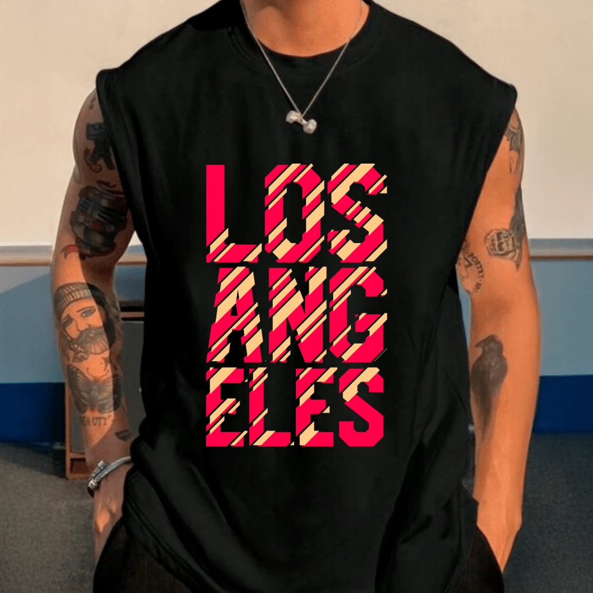 Los Angeles Neon Oversized Tank Top Loose Casual Summer Style - màu đen - Xem 1