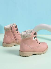Botas altas retro para niños, botas de tobillo multifuncionales y cálidas con cremallera lateral para niños y niñas, botas de senderismo y trabajo para deportes al aire libre, antideslizantes e impermeables de estilo británico clásico para nieve y casual, aptas para todas las estaciones - Rosa - Ver 7