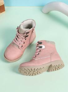 Botas altas retro para niños, botas de tobillo multifuncionales y cálidas con cremallera lateral para niños y niñas, botas de senderismo y trabajo para deportes al aire libre, antideslizantes e impermeables de estilo británico clásico para nieve y casual, aptas para todas las estaciones - Rosa - Ver 4