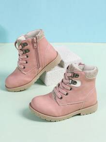 Botas altas retro para niños, botas de tobillo multifuncionales y cálidas con cremallera lateral para niños y niñas, botas de senderismo y trabajo para deportes al aire libre, antideslizantes e impermeables de estilo británico clásico para nieve y casual, aptas para todas las estaciones - Rosa - Ver 2