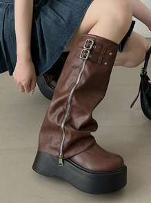 Women's Thick-Soled Boots, European And American New Thick-Soled Round Toe Casual Retro Thick-Soled Classic Side Zipper Design, Slip-On, Long Boots, Knee-High Boots