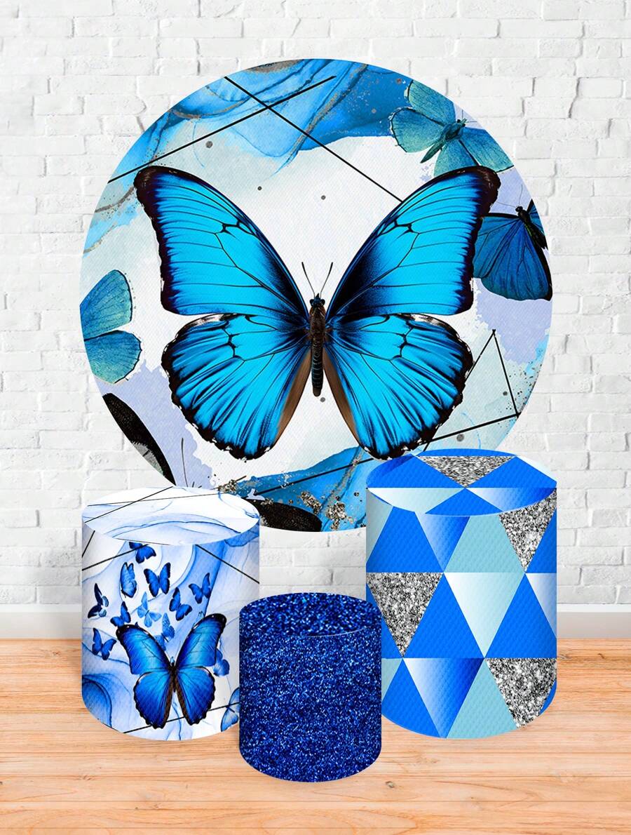 Round Panel Cover Kit + Trio Of Sublimated Cylinder Covers Party Decoration Blue Butterfly Glitter - 查看 1