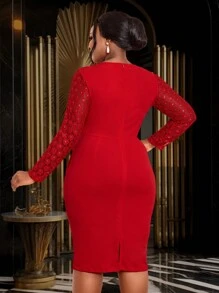 Plus Size Women Lace Sleeve Beaded Round Neck Party Dress, Elegant Long Sleeve Cocktail Semi Formal Prom Dress, For Birthday, Wedding Guest, Graduation, Dinner, Homecoming - Red - View 5