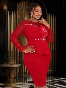Plus Size Women Lace Sleeve Beaded Round Neck Party Dress, Elegant Long Sleeve Cocktail Semi Formal Prom Dress, For Birthday, Wedding Guest, Graduation, Dinner, Homecoming - Red - View 6