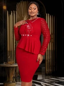 Plus Size Women Lace Sleeve Beaded Round Neck Party Dress, Elegant Long Sleeve Cocktail Semi Formal Prom Dress, For Birthday, Wedding Guest, Graduation, Dinner, Homecoming - Red - View 2