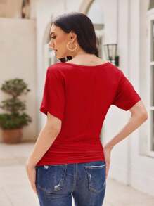OUTBALL Women's Solid Short Sleeve Boat Neck Dolman Top With Side Shirring Casual Loose Fit T-Shirt - Đỏ - Xem 2