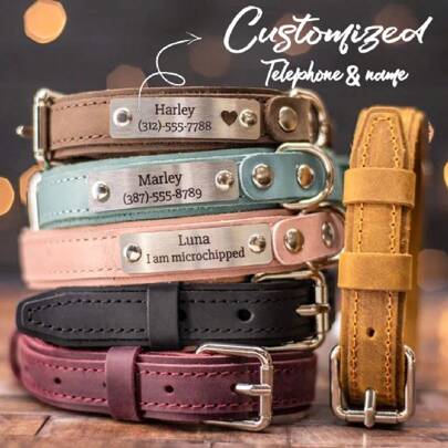 Collar de perro de cuero de PU personalizado, collar de mascota personalizado, collar con nombre de mascota/número de teléfono grabado, para perros pequeños y medianos, ornamental, grabado, acero inoxidable, elegante para gatos, contratado, lindo, monos, colorido, vintage único, etiquetas para gatos personalizadas pequeñas, collar de gato personalizado, collares de perro personalizados, regalos ideales para él, ella, familia, amigos, amantes de las mascotas, diseño juguetón de mascotas