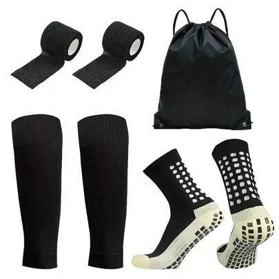 4 件套运动套装，防滑胶点袜小腿袜套，背带发带运动带抽绳背包，适合足球、篮球训练装备套装的运动器材