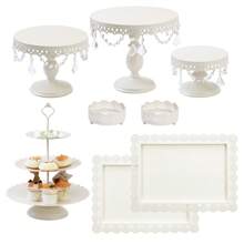 8pcs Ivory White Dessert Table Display Set: Romantic Round Cake Stand Set With Crystal Pendants, Cupcake Tower For Birthday Parties, Weddings
