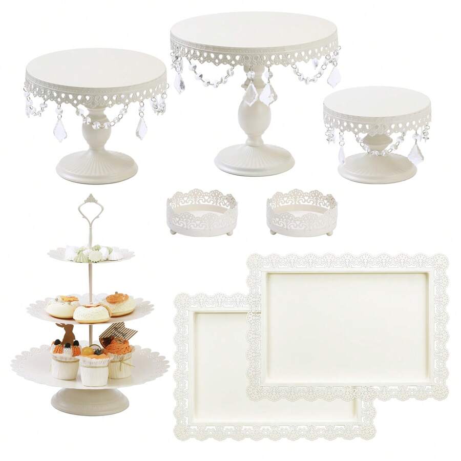 8pcs Ivory White Dessert Table Display Set: Romantic Round Cake Stand Set With Crystal Pendants, Cupcake Tower For Birthday Parties, Weddings