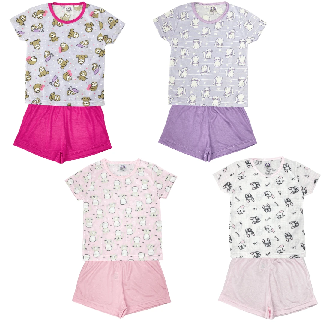 4-Piece Assorted Short Sleeve Pajama Kit For Boys And Girls (2 Shirts + 2 Shorts) - 淺粉色 - 查看 1