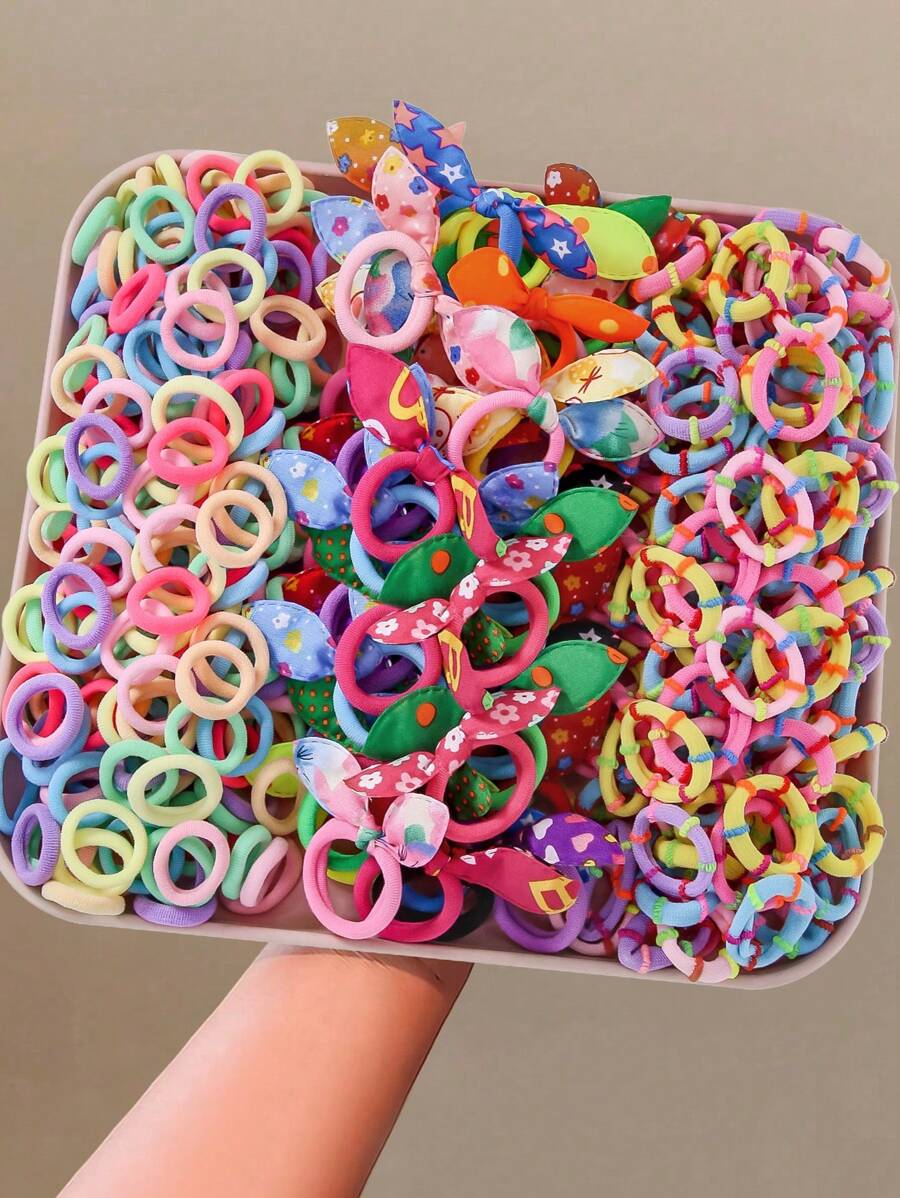 300pcs/Set Girl Colorful Spring Elastic Hair Bands, Simple Basic Headbands, Ponytail Holders, Bows, Rabbit Ears, Hair Accessories, For Everyday Use - Multicolor - View 1