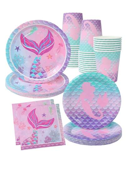 Juego de 8 piezas de vajilla desechable para fiesta de cumpleaños de sirena, que incluye platos de papel, vasos de papel, servilletas, decoración de fiesta de sirena, suministros de fiesta bajo el mar, accesorios para suministros de fiesta de boda y baby shower