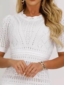 Women's Midi Dress Knitted Evangelical Fashion Short Sleeve Dress For New Year's Eve Party Pregnancy Gender Reveal Christmas White Red - 白色 - 查看 4