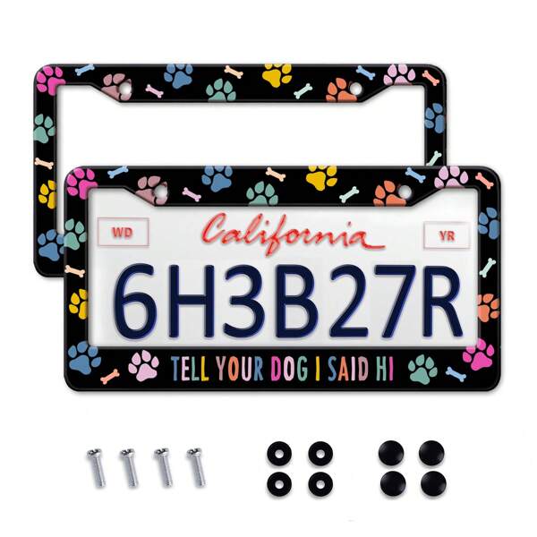 2 piezas Portamatrícula de perro con estampado de pata multicolor, accesorio de automóvil de aleación de aluminio, antioxidante, se adapta a los modelos estándar de EE. UU. y Canadá, diseño de 2 agujeros con tapas de tornillo, adecuado para mujeres y hombres