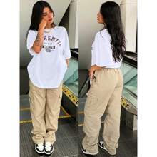 Women's Streetwear Cargo Jeans Twill Hip Hop Street Style Urban Fashion Wide Leg Pants - Khaki - View 2