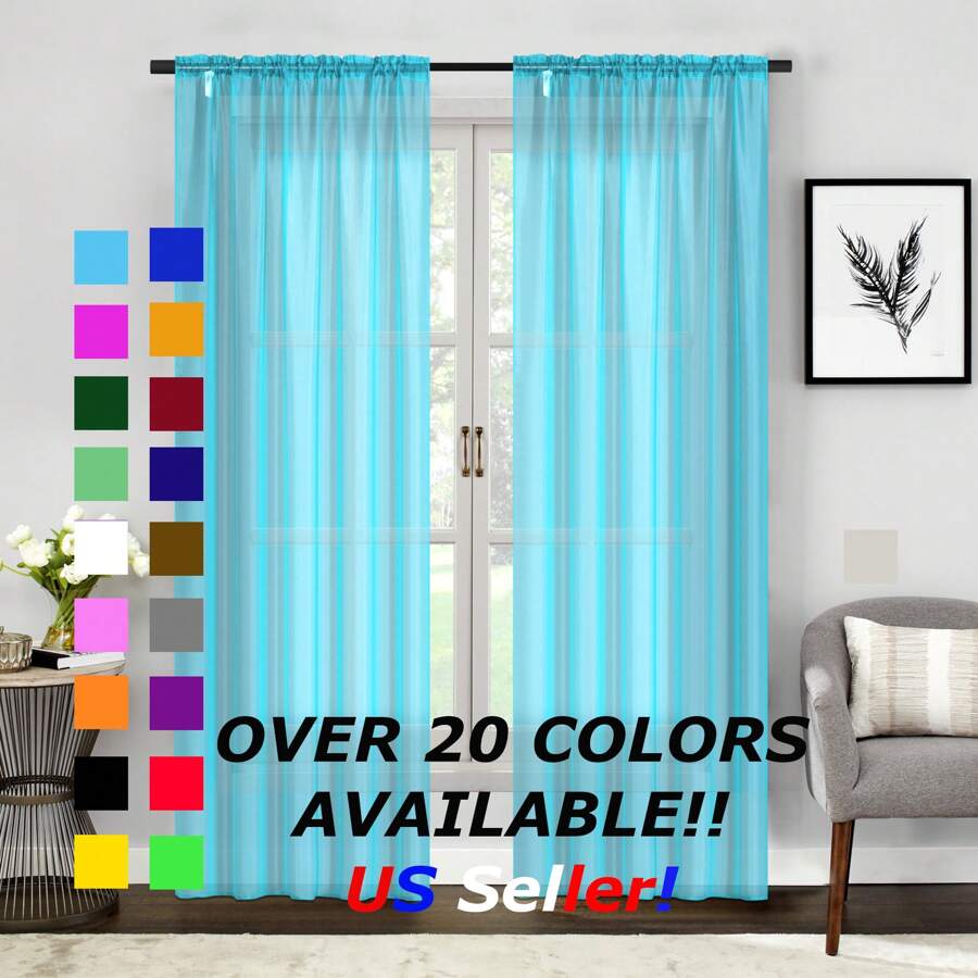 Two (2) Sheer Window Curtains Panels - Drapes Set Multiple Lengths (63", 84", 95", 108", 120" L) Rod Pocket Solid Colors - 綠松石色 - 查看 1