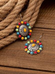 1 对复古西式彩色串珠几何花卉印花椭圆形吊坠耳环，时尚派对和礼物 - 耳環 - 查看 3