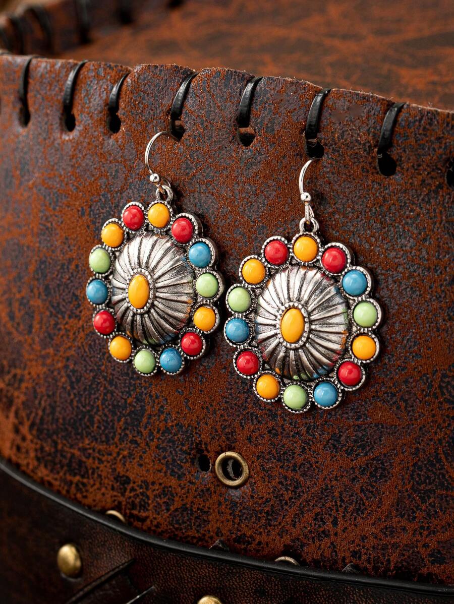 1 对复古西式彩色串珠几何花卉印花椭圆形吊坠耳环，时尚派对和礼物 - 耳環 - 查看 1