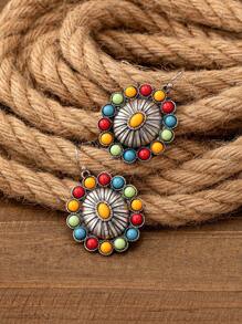 1 对复古西式彩色串珠几何花卉印花椭圆形吊坠耳环，时尚派对和礼物 - 耳環 - 查看 5