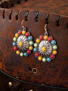 1 对复古西式彩色串珠几何花卉印花椭圆形吊坠耳环，时尚派对和礼物 - 耳環 - 查看 6