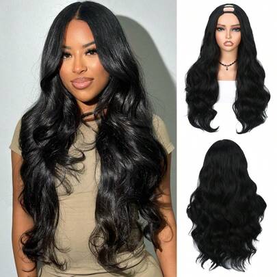 U Part Wig Hair Body Wave Glueless Wigs Yaki Synthetic Hair Clip In V-Part Wigs Beginner Friendly No-Sew In No Glue Upgrade U Part Hair Wig 180% Density Natural Color Wigs 28 Inch