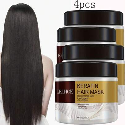 4pcs Keratin Hair Mask, Deep Nourishing & Repairing Damaged Hair, Prevents Dryness, Split Ends And Tangles. With Natural Keratin, Coconut Oil And Collagen Extracts To Moisturize And Smoothen Hair, Suitable For All Hair Types