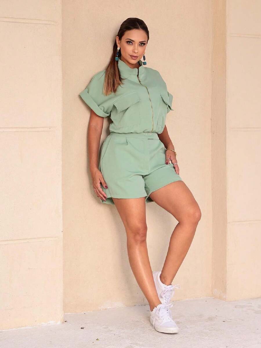 CONJUNTO CROPPED + SHORT ROUPAS FEMININAS CONJUNTO BOMBER ALFAIATARIA ELEGANTE