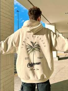 Sudadera con capucha con cordón y estampado de árboles de coco, estilo casual, estilo callejero, vuelta al colegio, otoño/invierno para hombres - Albaricoque - Ver 4