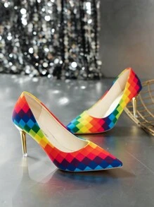 女士格纹高跟鞋，尖头彩色棋盘格低鞋面高跟鞋，性感法式格纹细高跟鞋 - 彩色 - 查看 5