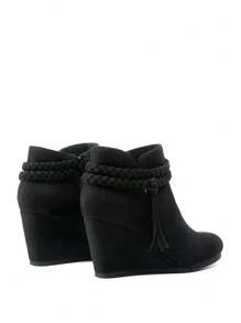 Women's High Wedge Ankle Boots Fashion Bootie With Braided Straps Tassels Warmth And Comfort Short Booties Great For Commuting, Dates, Holidays, And Everyday Wear - 黑色/麂皮 - 查看 7
