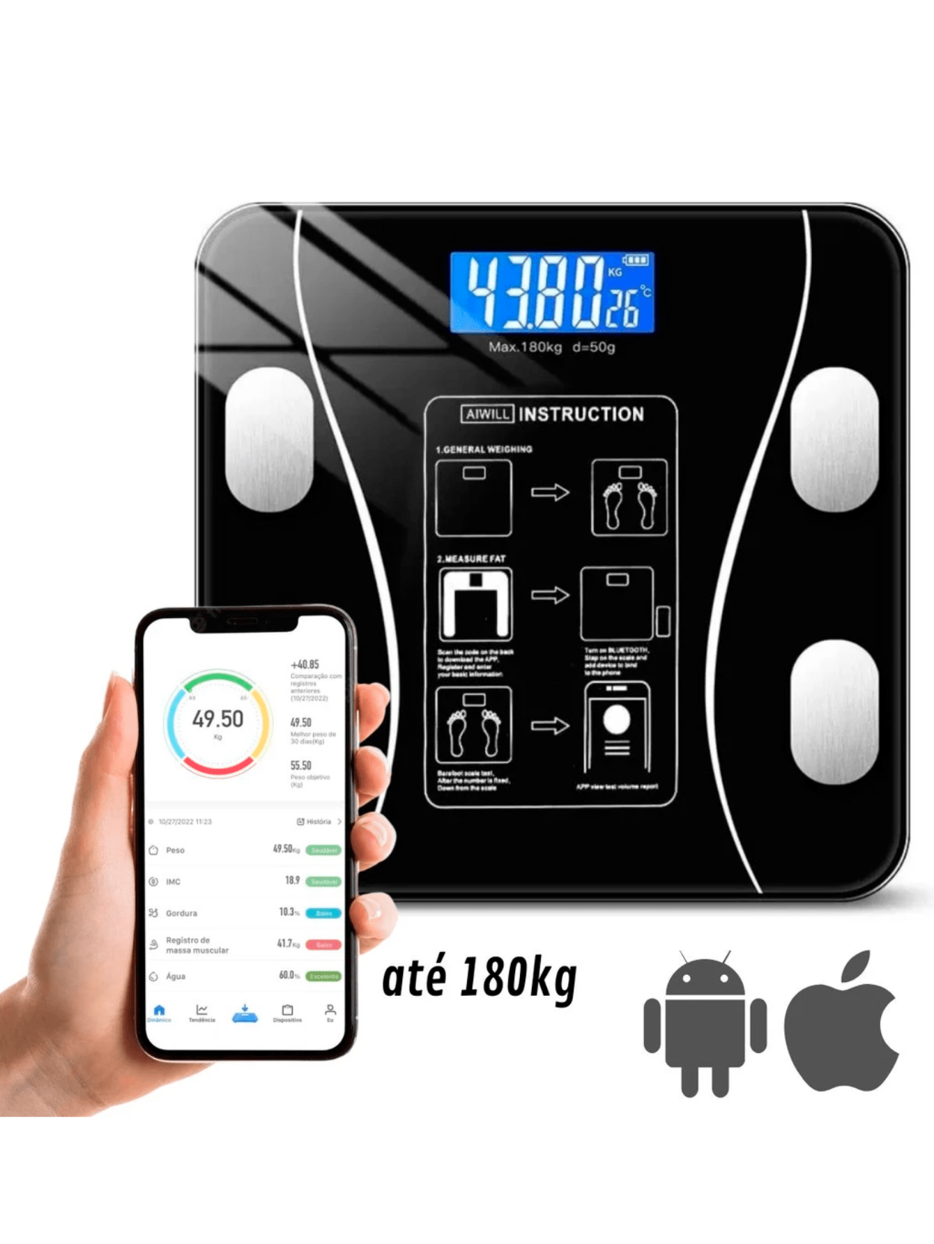 Digital Bioimpedance Scale Professional Body Bluetooth BMI Fat Muscle ...