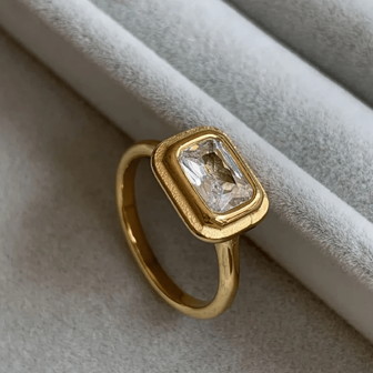 VKHK 1pc Vintage 18k Gold Plated Square Cubic Zirconia Decor Single Ring, Suitable For Men's Daily And Wedding Wear, Gift