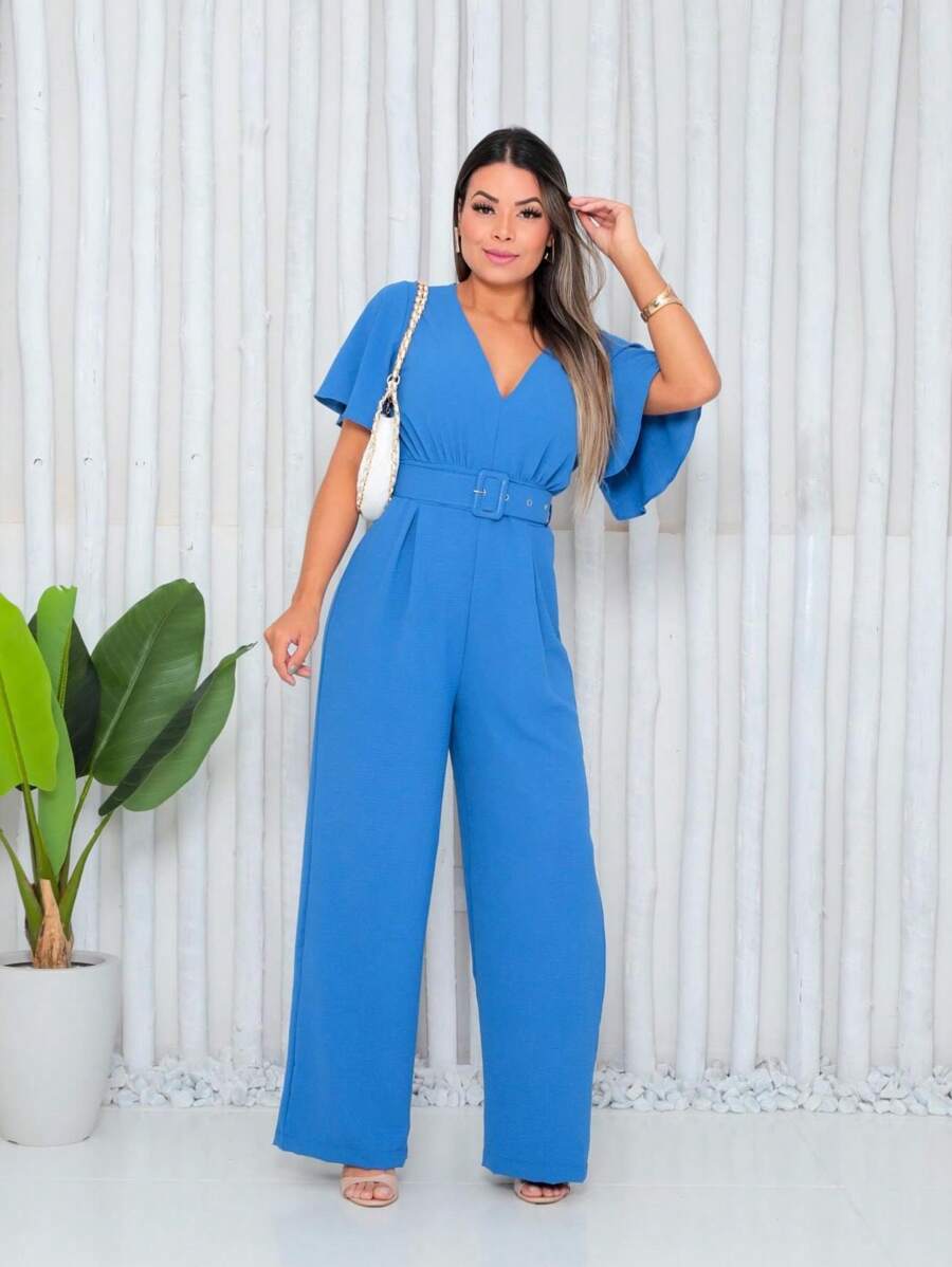 Women's Jumpsuit Short Sleeve Elegant With Belt - 藍色 - 查看 1